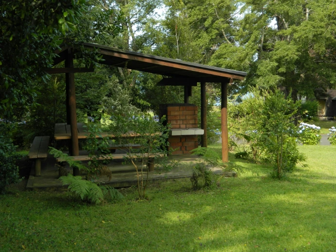 A wooden gazebo sits amongst lush greenery.